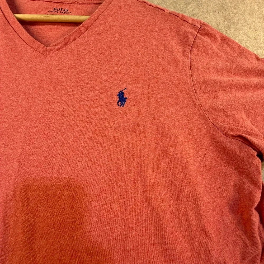 Polo Ralph Lauren Mens V-Neck T-Shirt Large Heather‎ Coral Red Navy Pony Logo